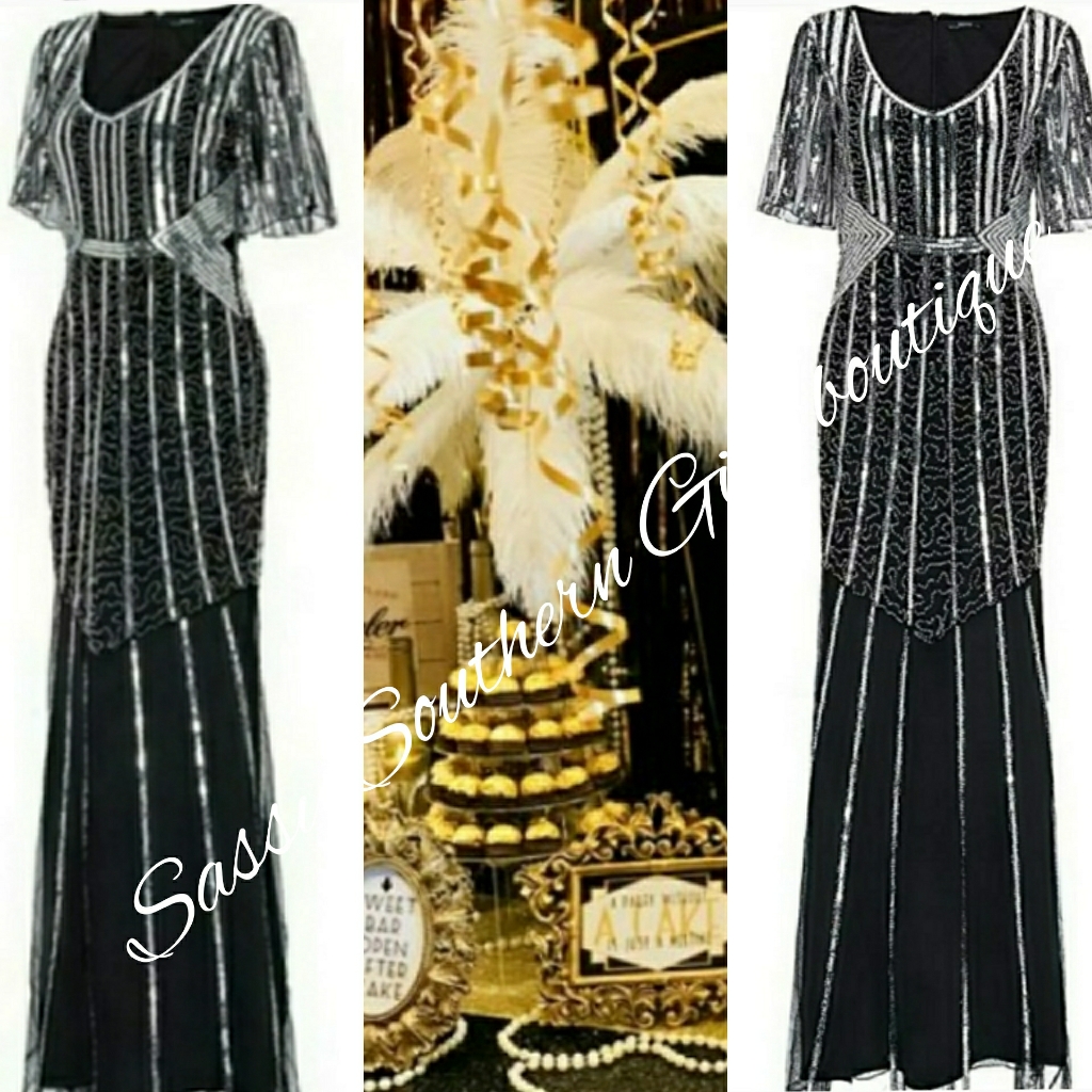 Gatsby's 20's Black Silver Maxi Dress